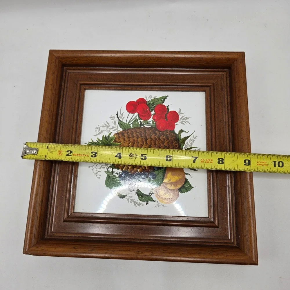 Vintage Fruit Still Life Framed Ceramic Tile Art Pineapple Brown Wood MCM Decor